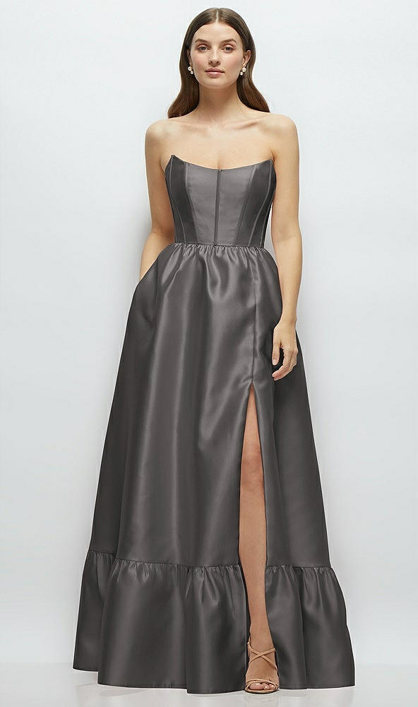 Front View - Caviar Gray Strapless Cat-Eye Boned Bodice Maxi Dress with Ruffle Hem