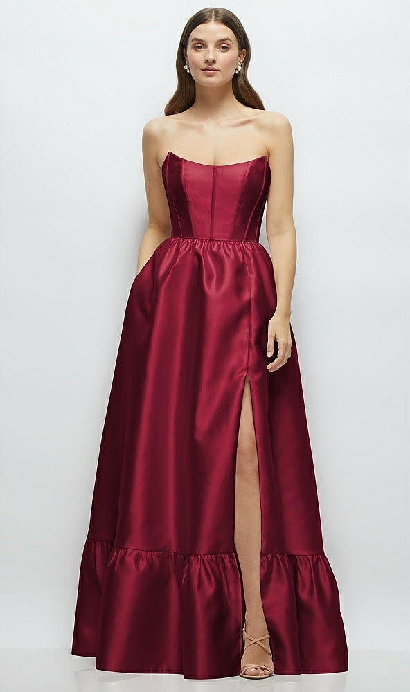 Front View - Burgundy Strapless Cat-Eye Boned Bodice Maxi Dress with Ruffle Hem