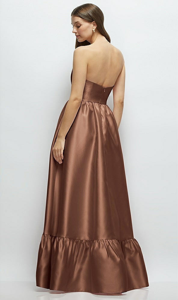 Back View - Cognac Strapless Cat-Eye Boned Bodice Maxi Dress with Ruffle Hem