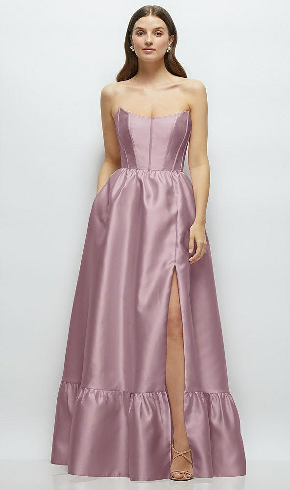 Front View - Dusty Rose Strapless Cat-Eye Boned Bodice Maxi Dress with Ruffle Hem