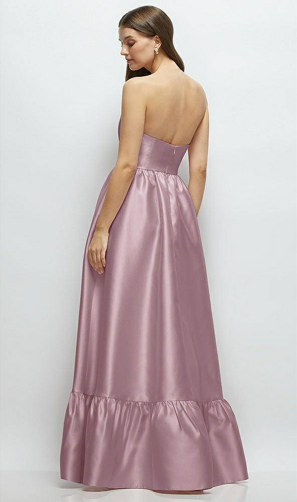 Back View - Dusty Rose Strapless Cat-Eye Boned Bodice Maxi Dress with Ruffle Hem
