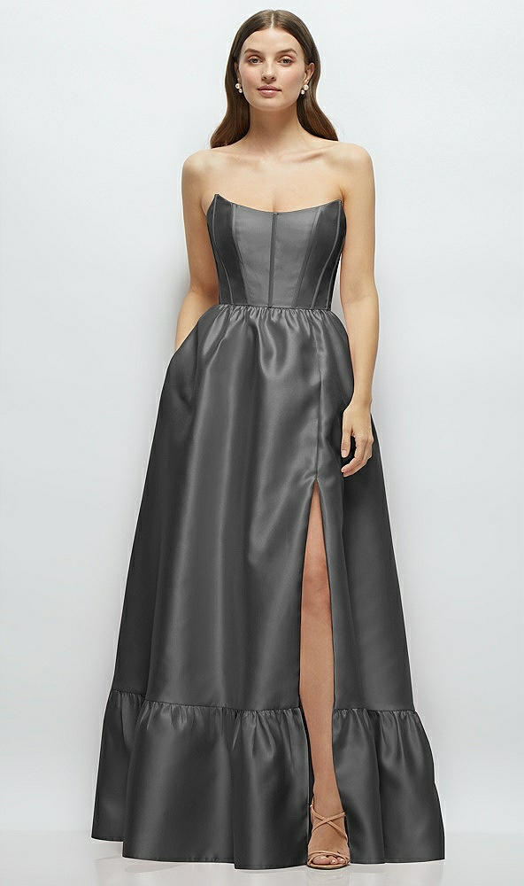 Front View - Gunmetal Strapless Cat-Eye Boned Bodice Maxi Dress with Ruffle Hem