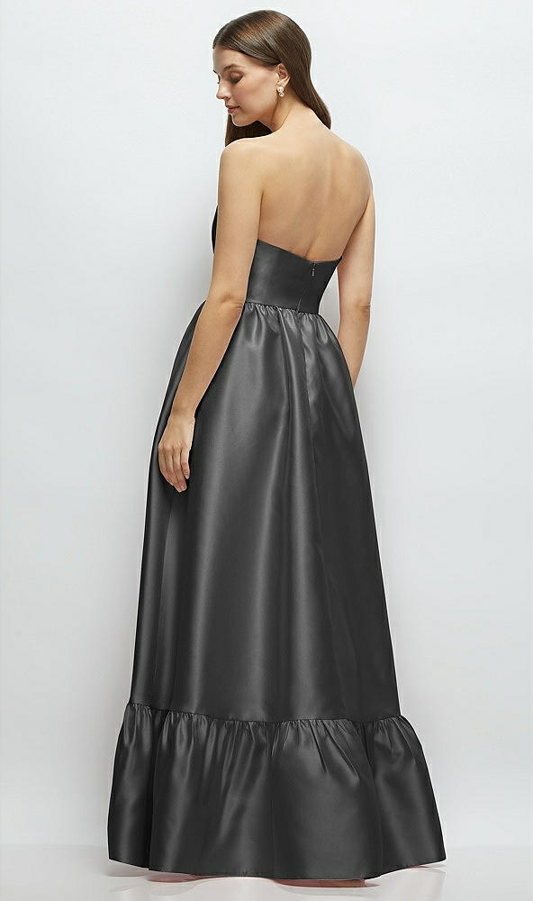 Back View - Pewter Strapless Cat-Eye Boned Bodice Maxi Dress with Ruffle Hem