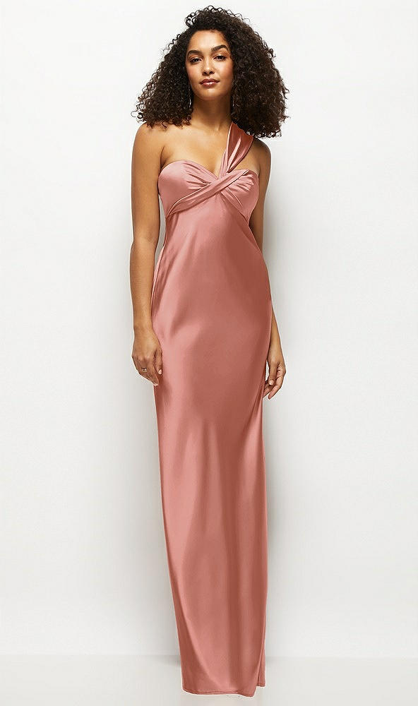 Front View - Desert Rose Satin Twist Bandeau One-Shoulder Bias Maxi Dress
