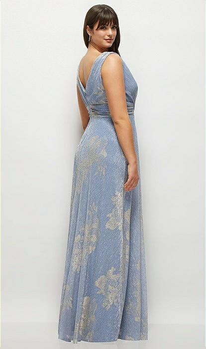 Draped V-neck Gold Floral Metallic Pleated Maxi Bridesmaid Draped V-neck Gold Floral Metallic Pleated Maxi Bridesmaid