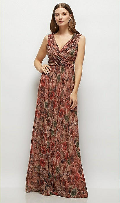 Draped V-neck Fall Floral Pleated Metallic Maxi Bridesmaid Draped V-neck Fall Floral Pleated Metallic Maxi Bridesmaid