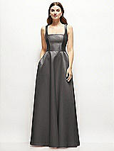 Front View Thumbnail - Caviar Gray Square-Neck Satin Maxi Dress with Full Skirt