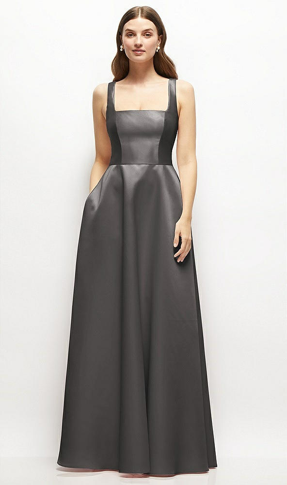 Front View - Caviar Gray Square-Neck Satin Maxi Dress with Full Skirt