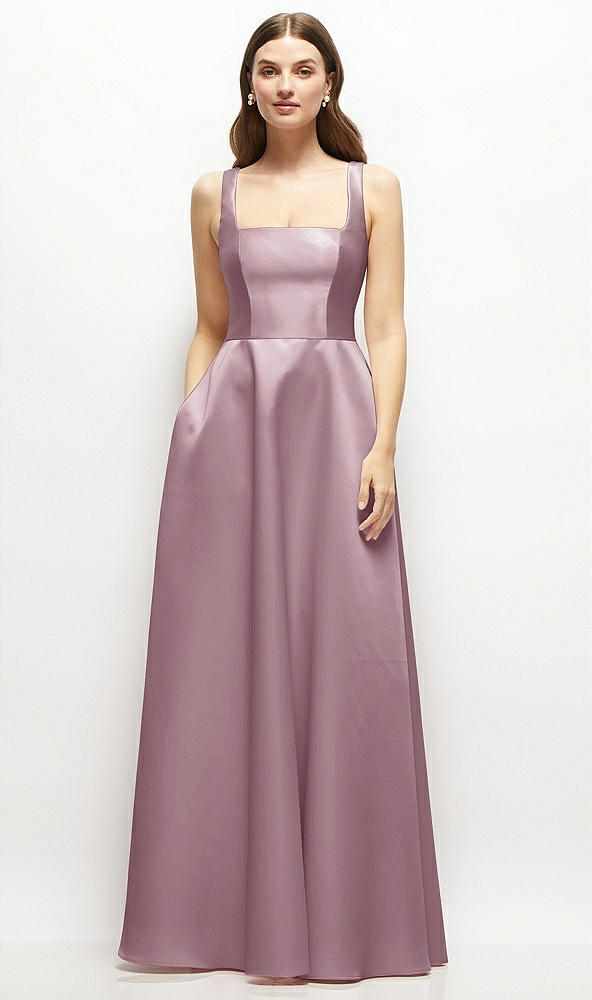 Front View - Dusty Rose Square-Neck Satin Maxi Dress with Full Skirt