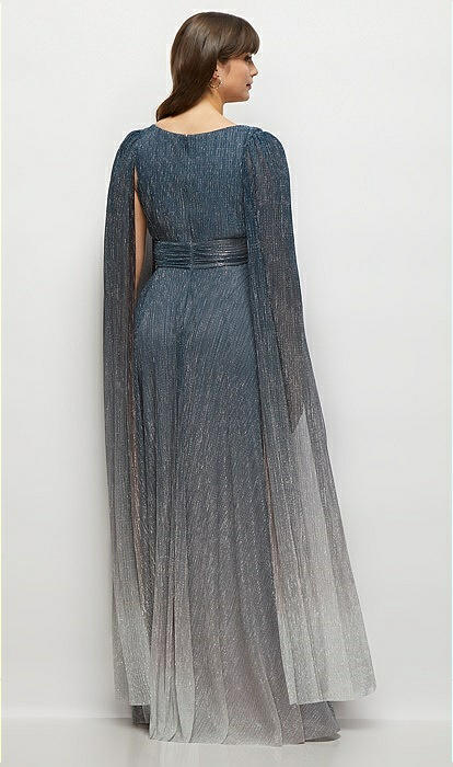 Streamer Sleeve Ombre Pleated Metallic Maxi Bridesmaid Dress
