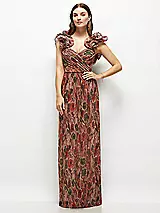 Dramatic Ruffle Edge Strap Fall Foral pleated Metallic Maxi