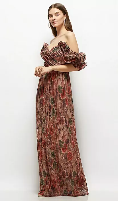 Dramatic Ruffle Edge Strap Fall Foral pleated Metallic Maxi