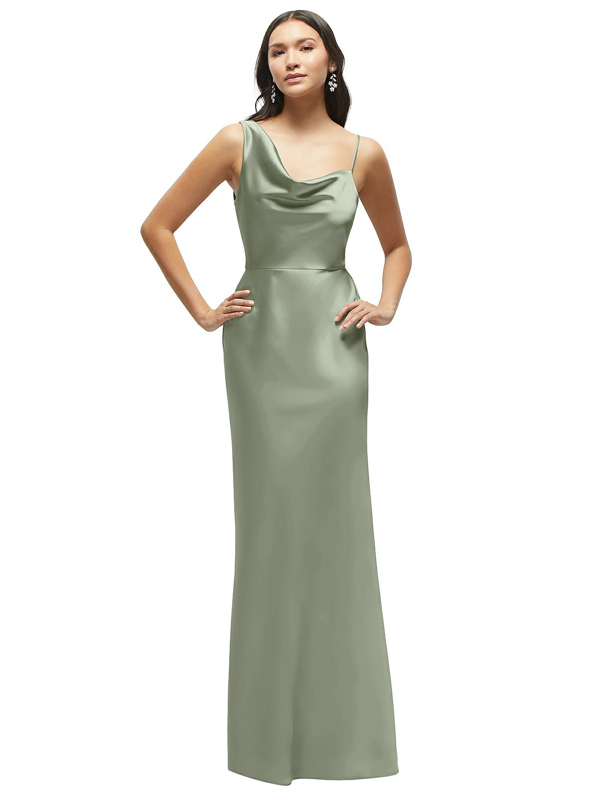 One-shoulder Draped Cowl A-line Satin Maxi Bridesmaid Dress