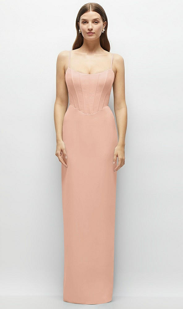Front View - Pale Peach Corset-Style Crepe Column Maxi Dress with Adjustable Straps