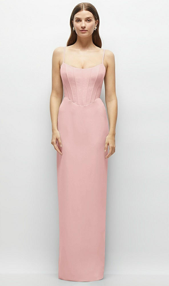 Front View - Rose Corset-Style Crepe Column Maxi Dress with Adjustable Straps