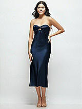 Front View Thumbnail - Midnight Navy Strapless Bow-Bandeau Cutout Satin Midi Slip Dress