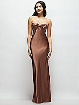 Front View Thumbnail - Cognac Strapless Bow-Bandeau Cutout Satin Maxi Slip Dress