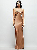 Front View Thumbnail - Toffee Strapless Bow-Bandeau Cutout Satin Maxi Slip Dress