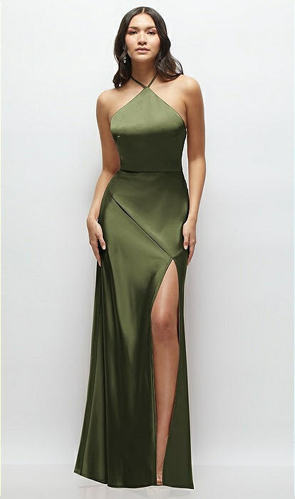 High-Slit Olive Green Halter Maxi Dress High-Slit Olive Green Halter Maxi Dress