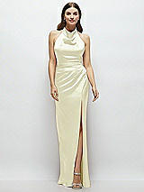 Front View Thumbnail - Butter Yellow Cowl Halter Open-Back Satin Maxi Dress