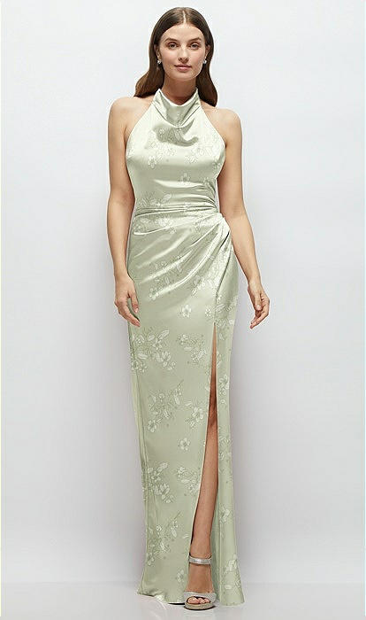 Cowl Halter Open-back Floral Satin Maxi Bridesmaid Dress In