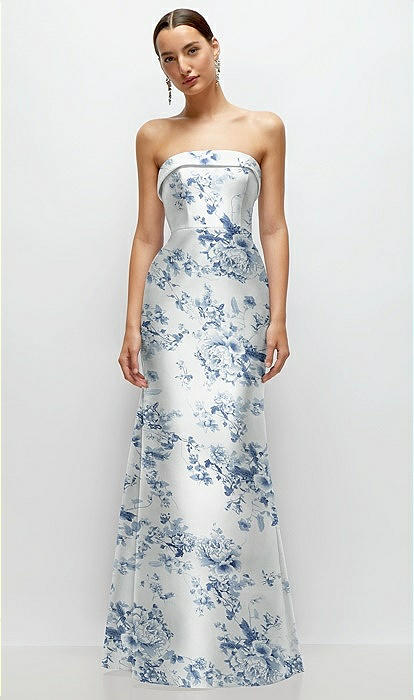 Strapless Cuff Neckline Floral Satin Trumpet Bridesmaid