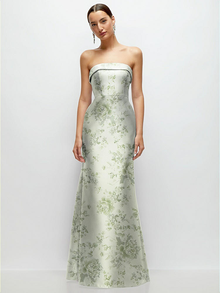 Strapless Cat-eye Draped Bodice Floral Satin Tumpet Strapless Cat-eye Draped Bodice Floral Satin Tumpet
