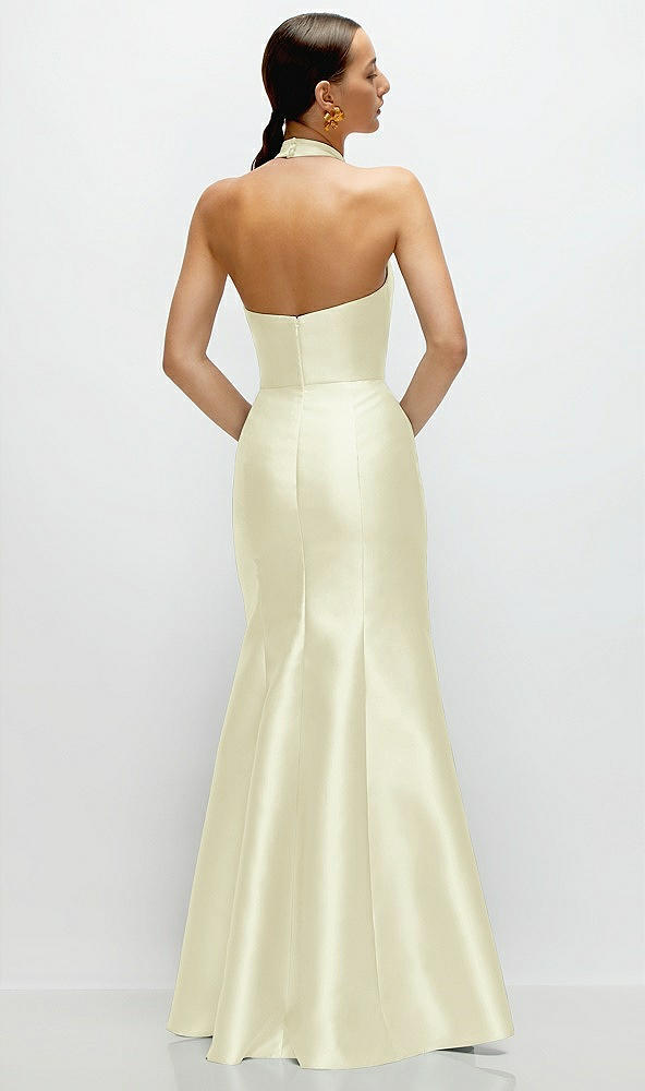 Back View - Butter Yellow High-Neck Halter Open-Back Satin Trumpet Dress