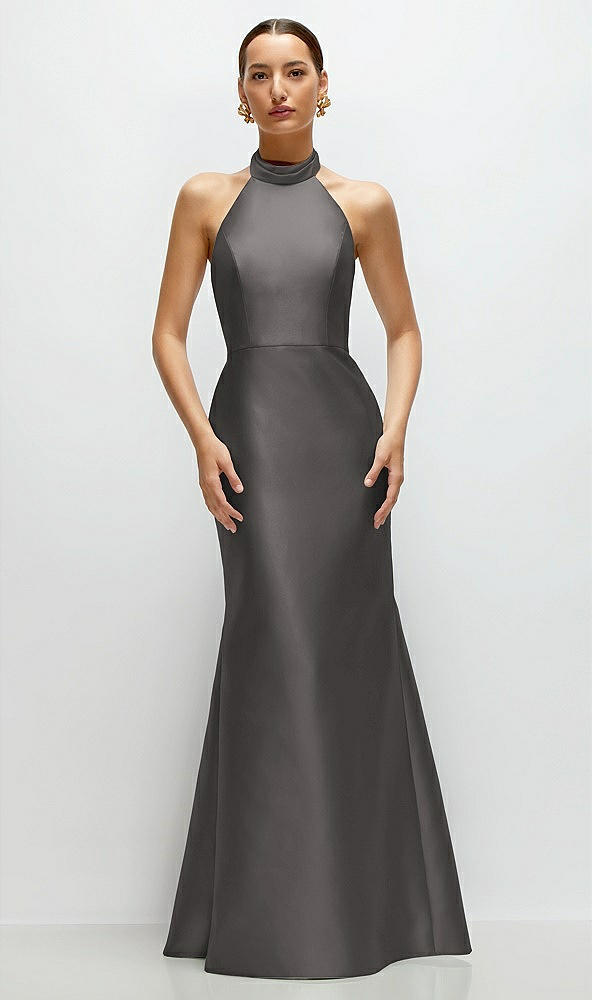 Front View - Caviar Gray High-Neck Halter Open-Back Satin Trumpet Dress