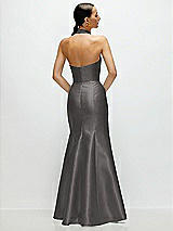 Rear View Thumbnail - Caviar Gray High-Neck Halter Open-Back Satin Trumpet Dress