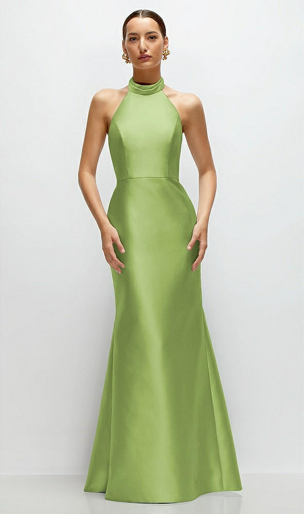 Front View - Mojito High-Neck Halter Open-Back Satin Trumpet Dress