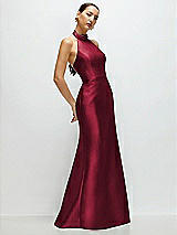 Side View Thumbnail - Burgundy High-Neck Halter Open-Back Satin Trumpet Dress