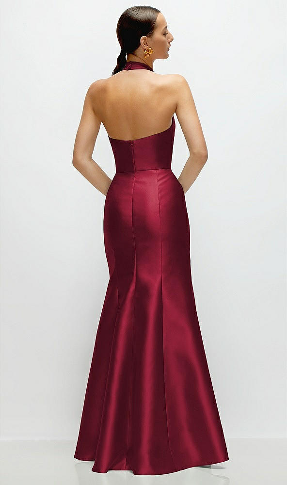 Back View - Burgundy High-Neck Halter Open-Back Satin Trumpet Dress