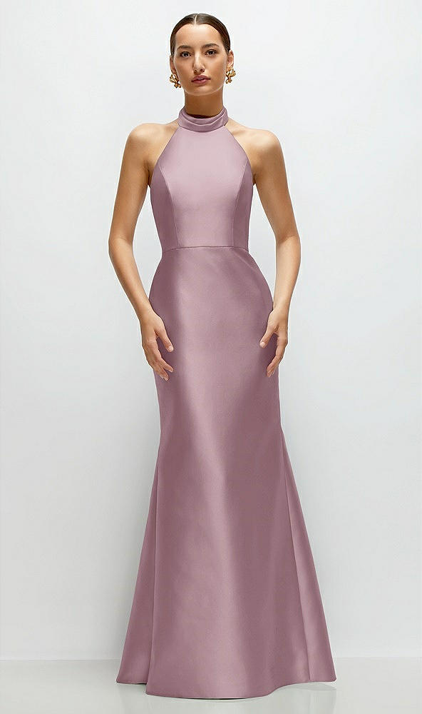 Front View - Dusty Rose High-Neck Halter Open-Back Satin Trumpet Dress