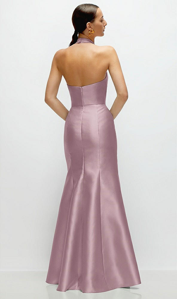 Back View - Dusty Rose High-Neck Halter Open-Back Satin Trumpet Dress
