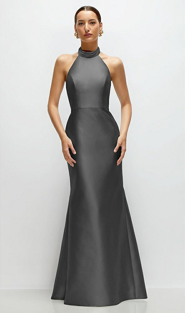 Front View - Gunmetal High-Neck Halter Open-Back Satin Trumpet Dress