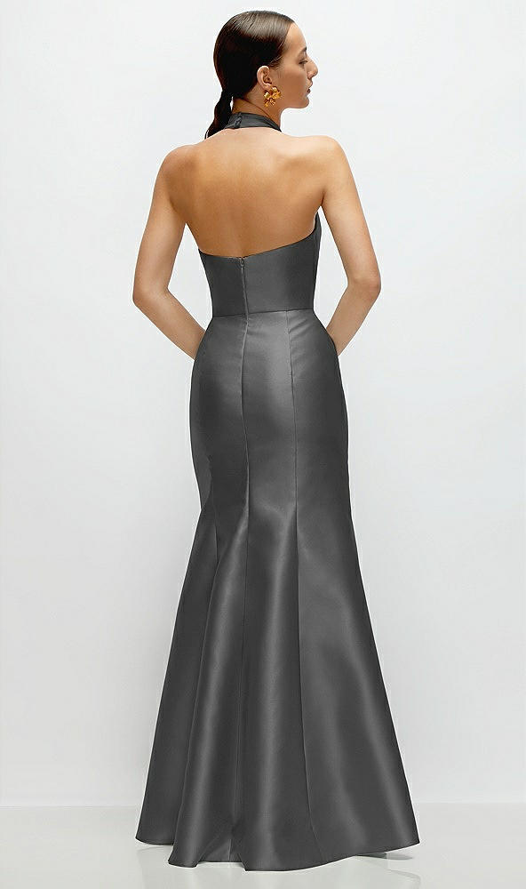Back View - Gunmetal High-Neck Halter Open-Back Satin Trumpet Dress