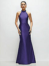 Front View Thumbnail - Grape High-Neck Halter Open-Back Satin Trumpet Dress