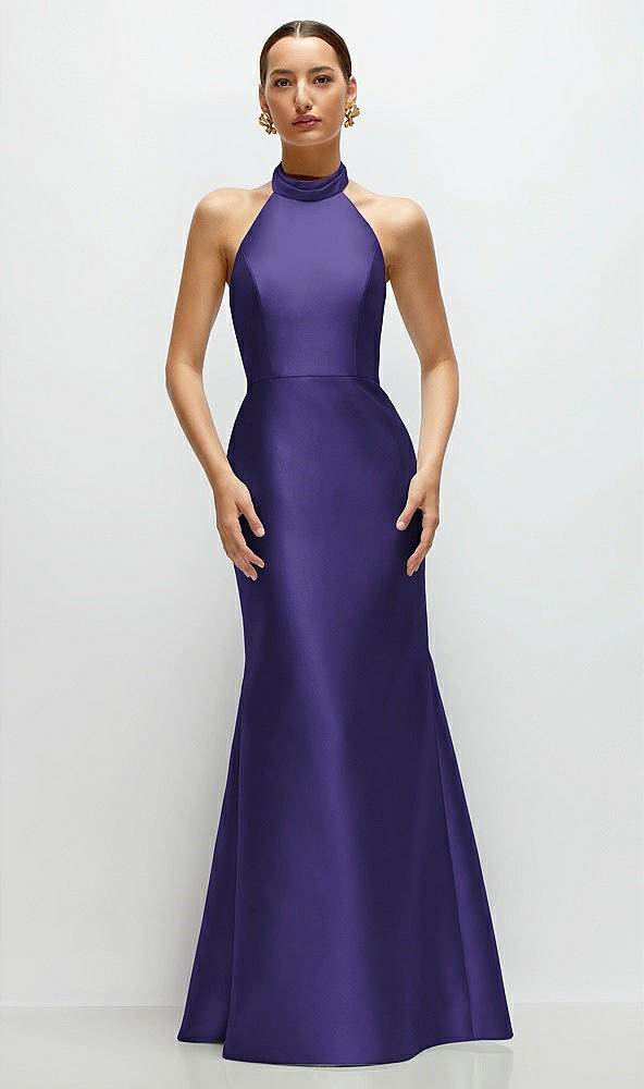 Front View - Grape High-Neck Halter Open-Back Satin Trumpet Dress