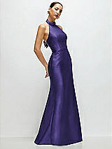 Side View Thumbnail - Grape High-Neck Halter Open-Back Satin Trumpet Dress