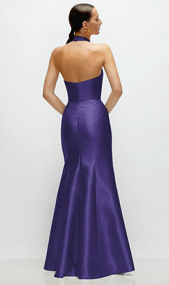 Back View - Grape High-Neck Halter Open-Back Satin Trumpet Dress