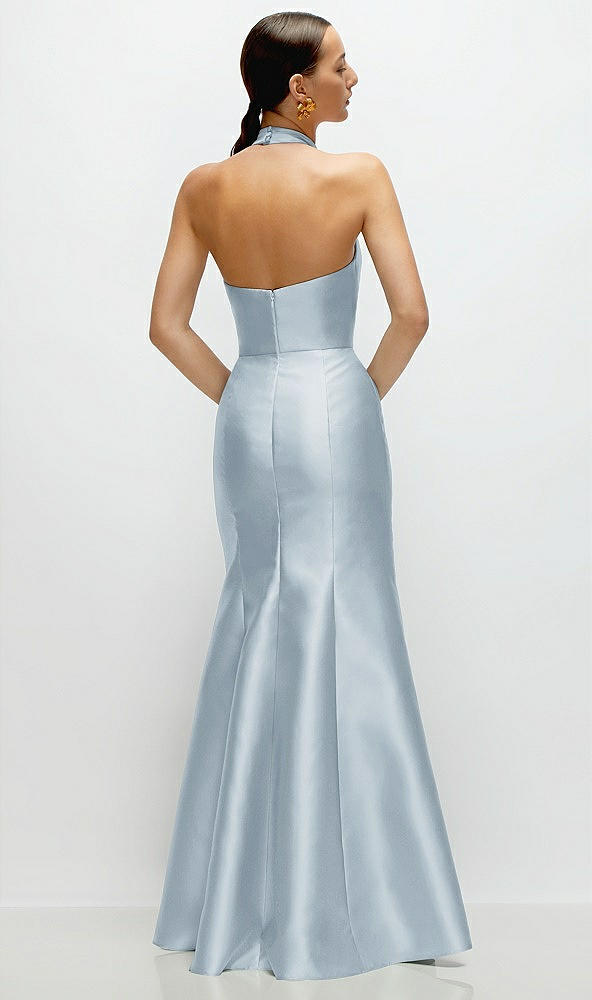 Back View - Mist High-Neck Halter Open-Back Satin Trumpet Dress