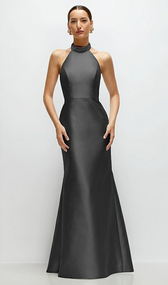Front View - Pewter High-Neck Halter Open-Back Satin Trumpet Dress