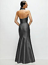 Rear View Thumbnail - Pewter High-Neck Halter Open-Back Satin Trumpet Dress