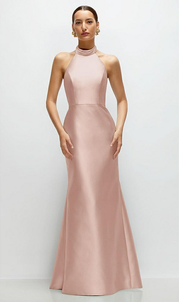 Front View - Toasted Sugar High-Neck Halter Open-Back Satin Trumpet Dress