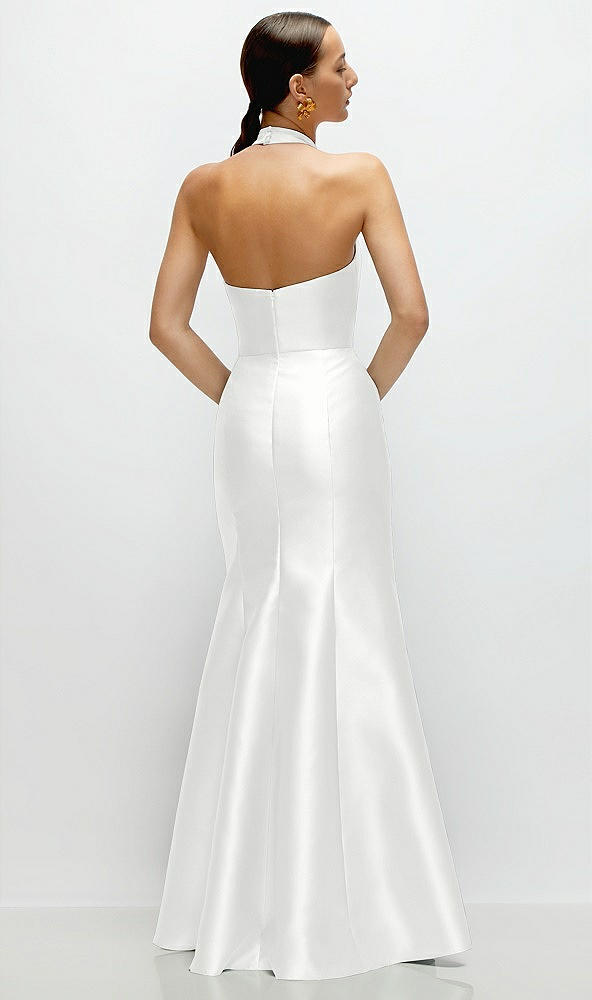 Back View - White High-Neck Halter Open-Back Satin Trumpet Dress 