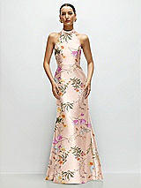 Front View Thumbnail - Butterfly Botanica Pink Sand High-Neck Halter Open-Back Floral Satin Trumpet Dress