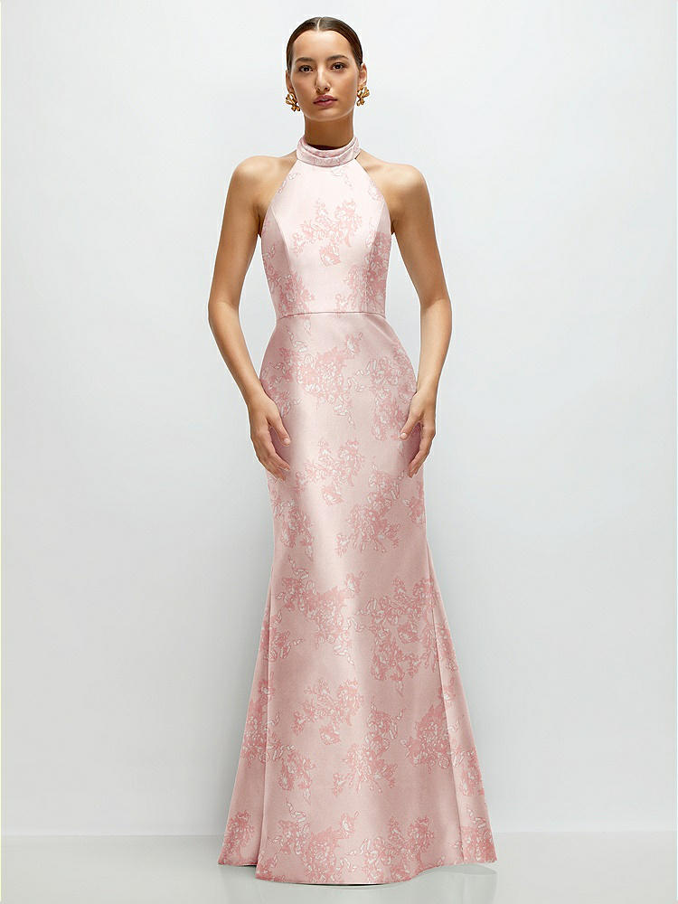 Jewel Neck Halter Full A-line Satin Floral Maxi Bridesmaid