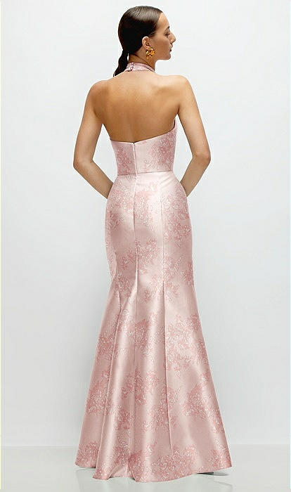 High-neck Halter Open-back Floral Satin Trumpet Bridesmaid