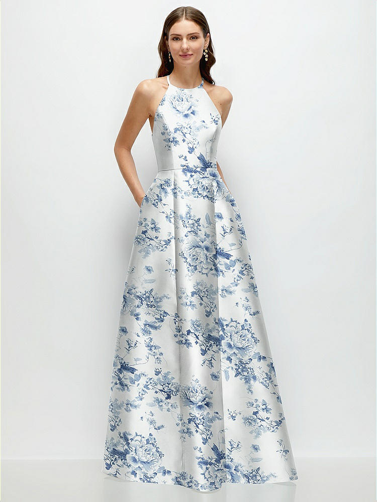 ANDRESD アンドレスド damask gather dress M Jewel Neck Asymmetrical Shirred Bodice Floral Satin Maxi